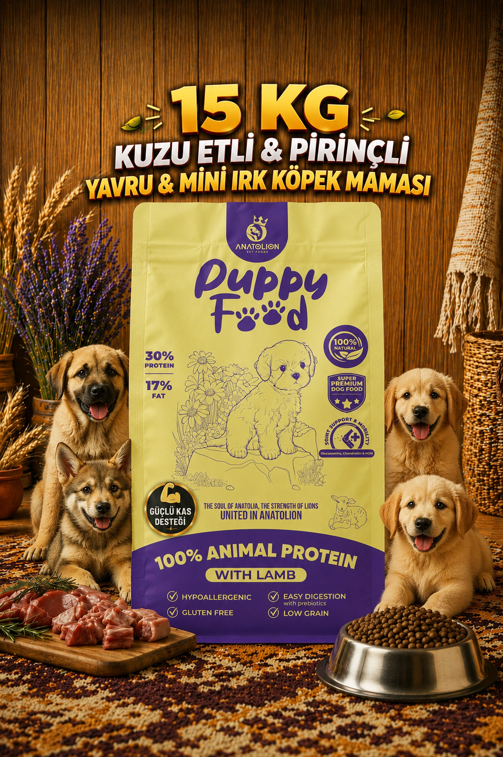 Anatolion Yavru Eklem Destekli Kuzu Etli ve Pirinçli Super Premium Puppy Köpek Maması 15 Kg