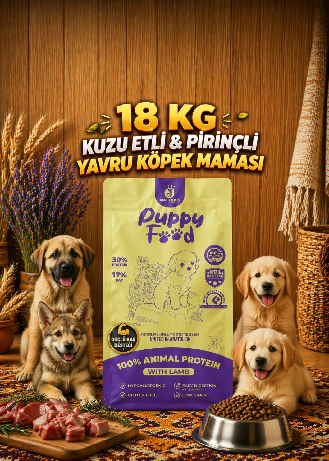 Anatolion Yavru Eklem Destekli Kuzu Etli ve Pirinçli Super Premium Puppy Köpek Maması 18 Kg (6x3)