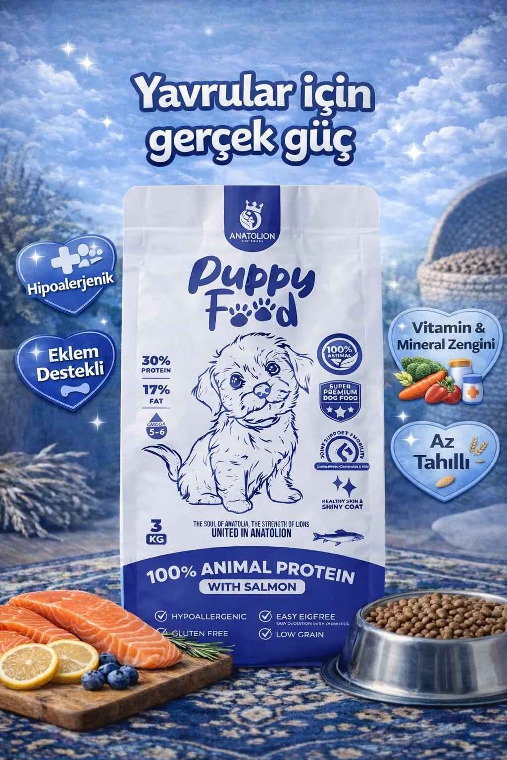 Anatolion 6’lı Karma Yavru Köpek Maması 18 KG (3 Kuzu Etli + 3 Somonlu) Süper Premium - Görsel 4