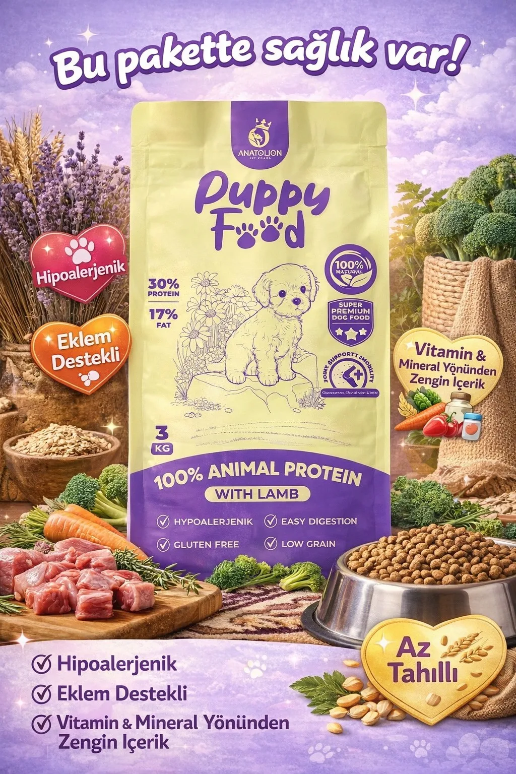 Anatolion 6’lı Karma Yavru Köpek Maması 18 KG (3 Kuzu Etli + 3 Somonlu) Süper Premium - Görsel 3