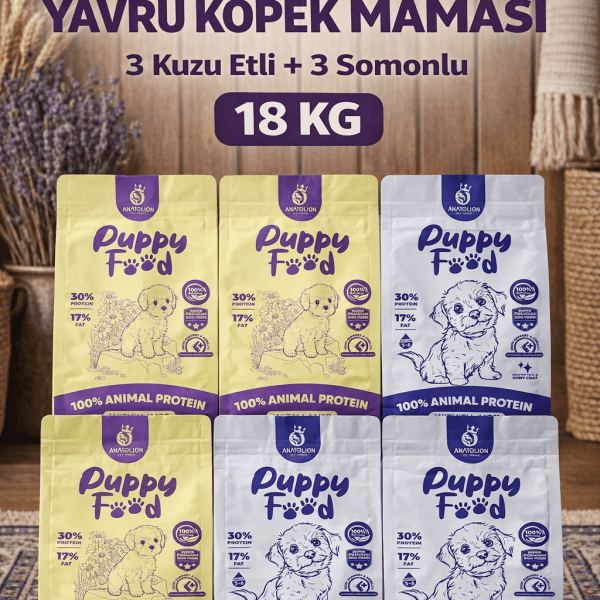 Anatolion 6’lı Karma Yavru Köpek Maması 18 KG (3 Kuzu Etli + 3 Somonlu) Süper Premium