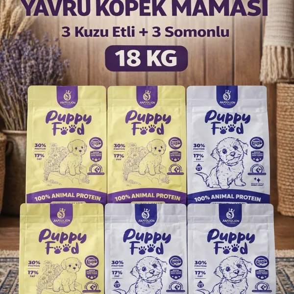 Anatolion 6’lı Karma Yavru Köpek Maması 18 KG (3 Kuzu Etli + 3 Somonlu) Süper Premium