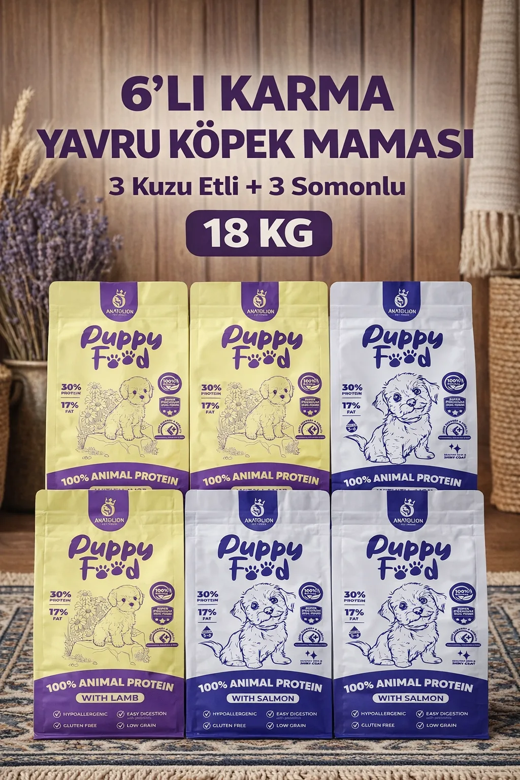 Anatolion 6’lı Karma Yavru Köpek Maması 18 KG (3 Kuzu Etli + 3 Somonlu) Süper Premium