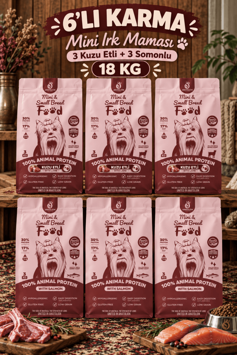 Anatolion 6’lı Karma Mini Irk Köpek Maması 18 KG (3 Kuzu Etli + 3 Somonlu) Süper Premium