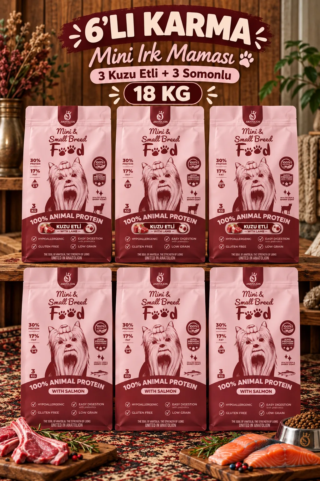 Anatolion 6’lı Karma Mini Irk Köpek Maması 18 KG (3 Kuzu Etli + 3 Somonlu) Süper Premium